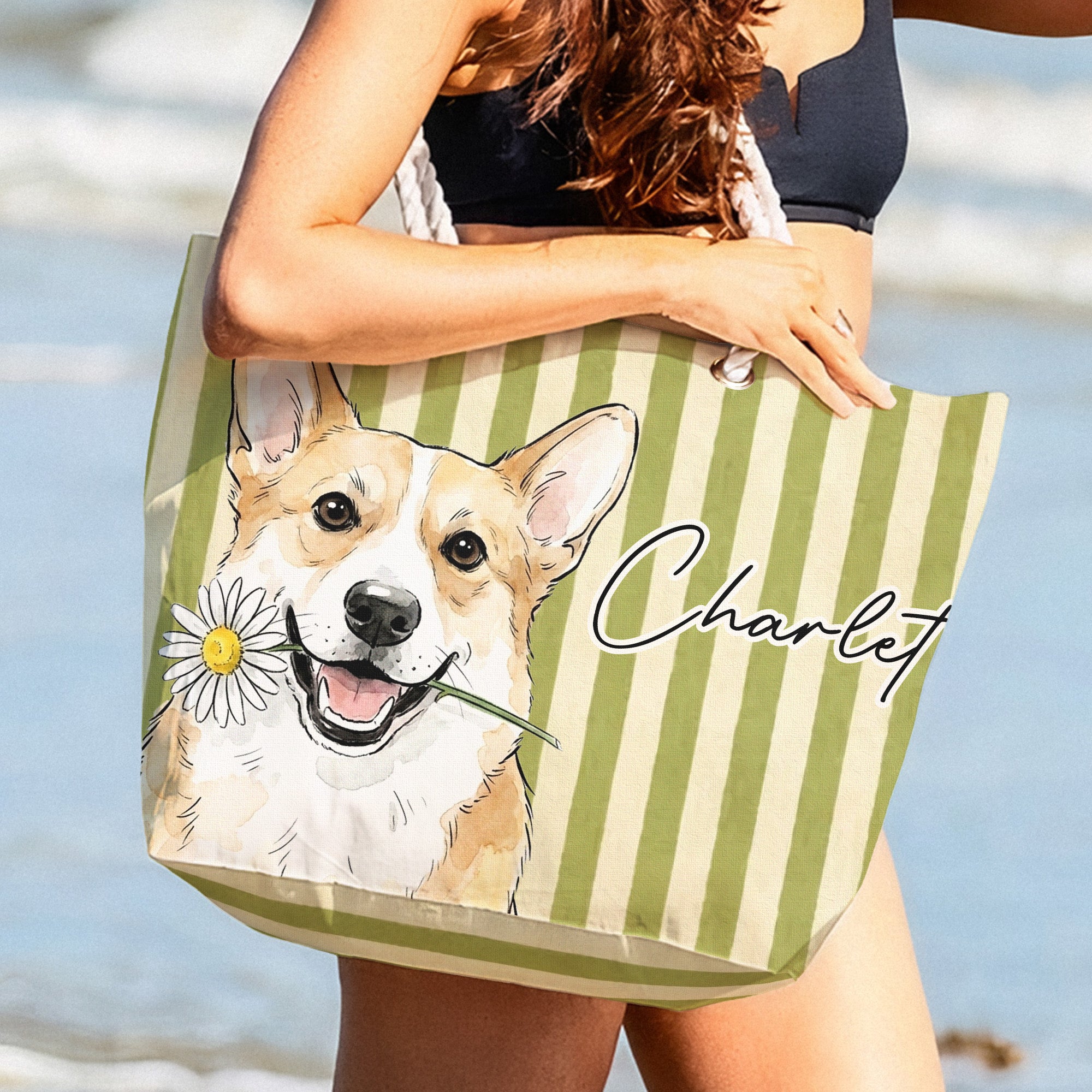Custom-Pet-Portrait-Watercolor-Art-Summer-Beach-Accessories-Personalized-Beach-Bag-7