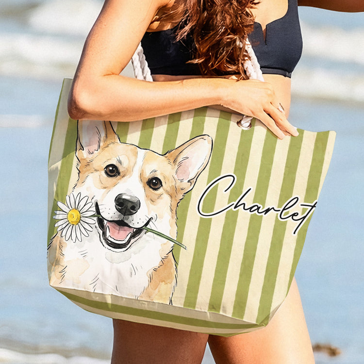 Custom-Pet-Portrait-Watercolor-Art-Summer-Beach-Accessories-Personalized-Beach-Bag-7