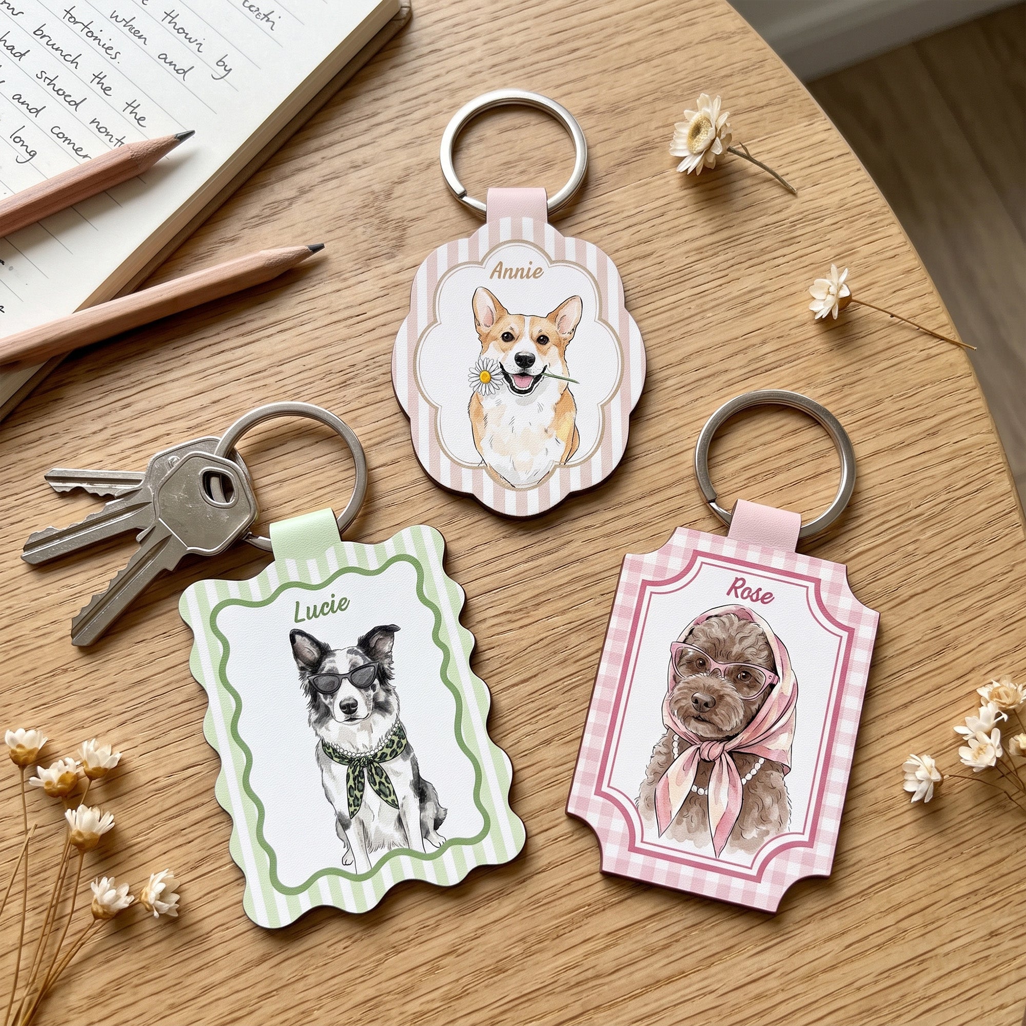Custom-Pet-Portrait-Watercolor-Striped-Pattern-Gift-For-Pet-Lovers-Dog-Mom-Cat-Mom-Personalized-Keychain-2