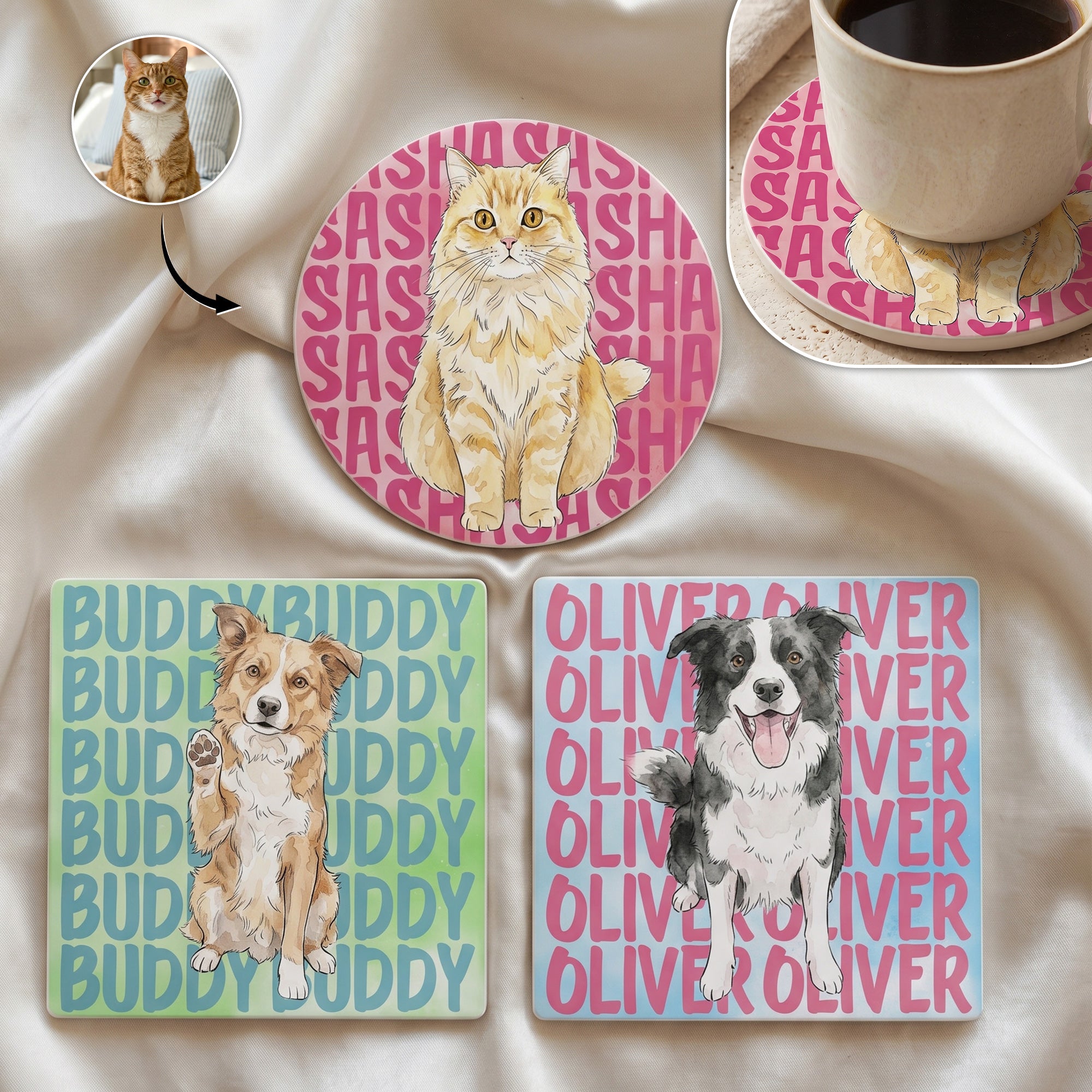 Custom-Pet-Portrait-With-Name-Watercolor-Art-Personalized-Coaster-1
