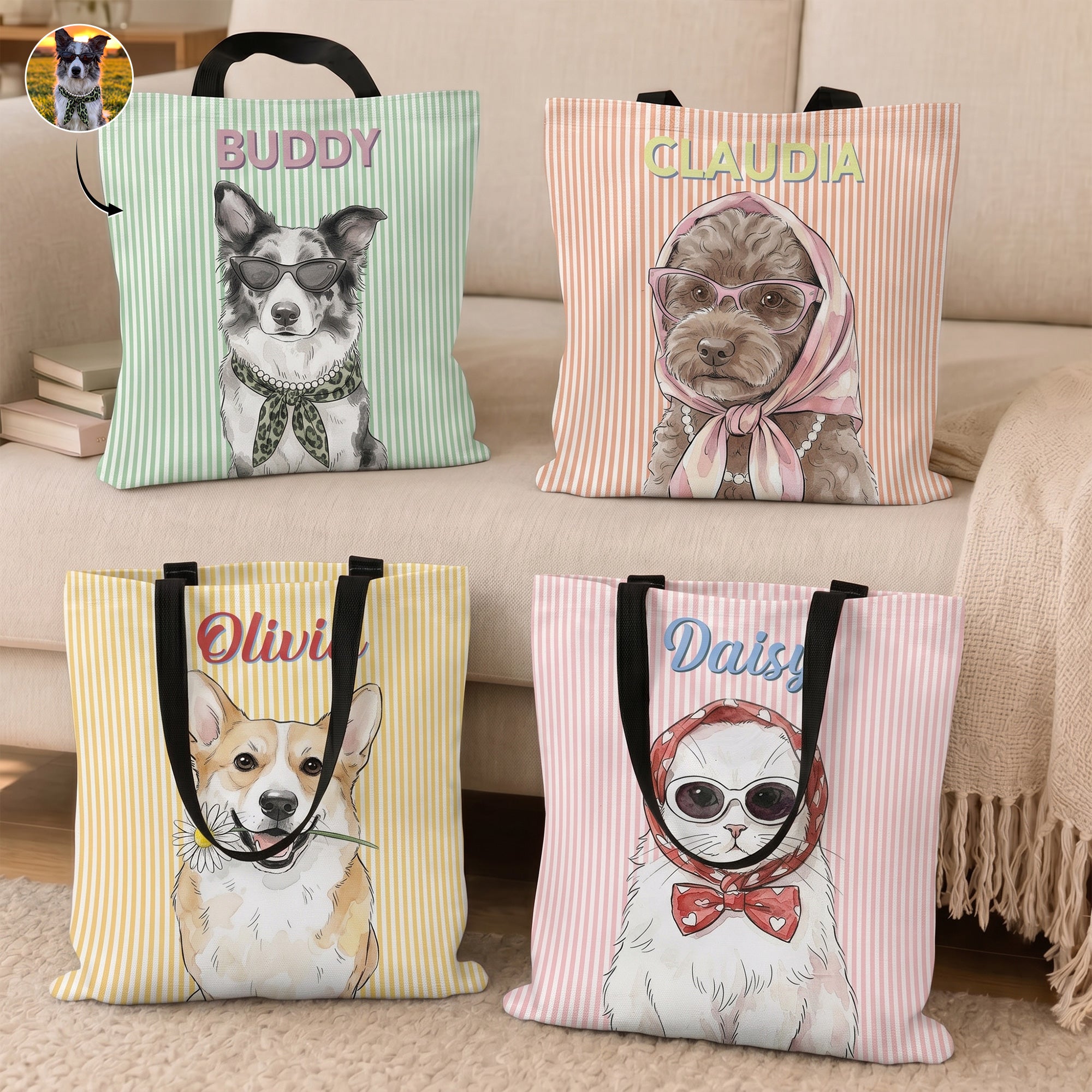 Custom-Pet-Portrait-With-Name-Watercolor-Art-Striped-Pattern-Personalized-Tote-Bag-1