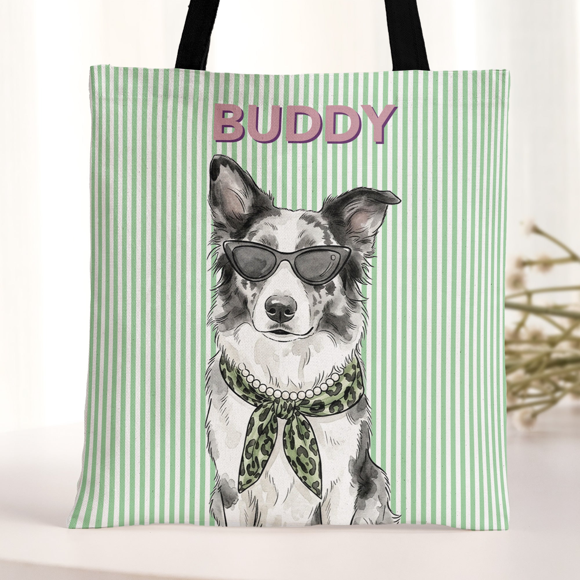 Custom-Pet-Portrait-With-Name-Watercolor-Art-Striped-Pattern-Personalized-Tote-Bag-2