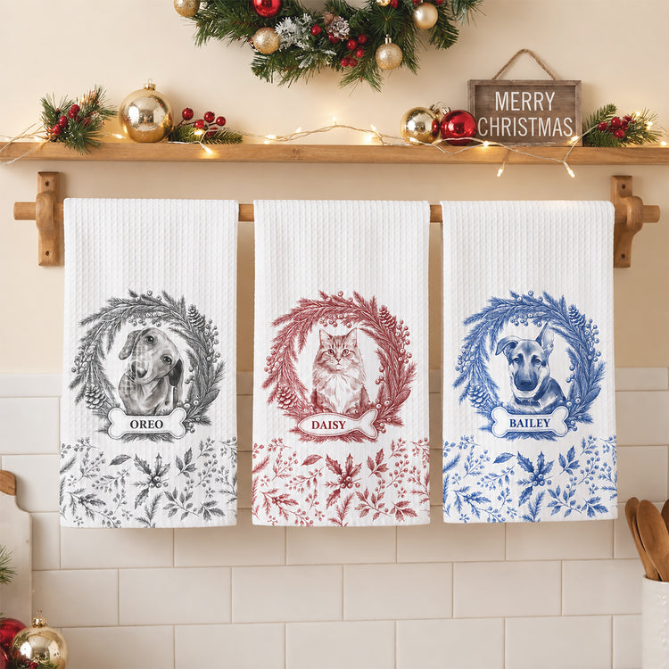 Custom-Photo-Pet-Christmas-Memorial,-Dog-Cat-Christmas-Photo,-Pet-Portrait-Custom-Name-Gift-Personalized-Kitchen-Towel-1