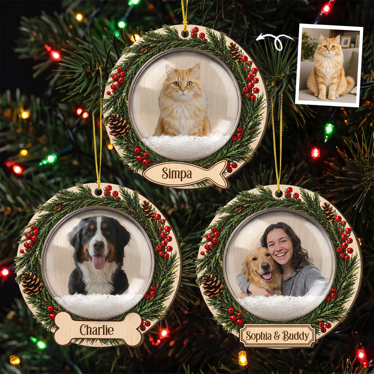 Custom-Photo-Pet-Christmas-Memorial,-Dog-Cat-Christmas-Photo-Snow-Globle-Ornament,-Pet-Portrait-Custom-Name-Bauble-Personalized-Ornament-2