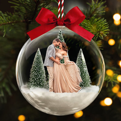 Custom Photo Couple Christmas Bauble, Anniversary Gift For Him & Her Snow Globe - Personalized Ornament