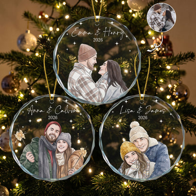 Custom Couple Photo Watercolor Our First Christmas - Personalized Ornament