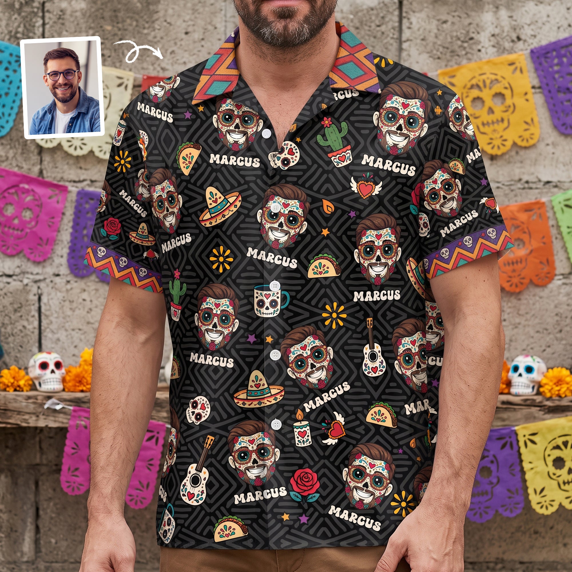 Custom-Portrait-Sugar-Skeleton-Hispanic-Mexican-Flowers-Personalized-Hawaiian-Shirt-1