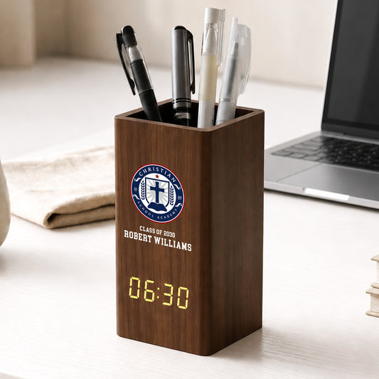 Custom_School_Logo_Personalized_Pen_Holder_With_Clock_1