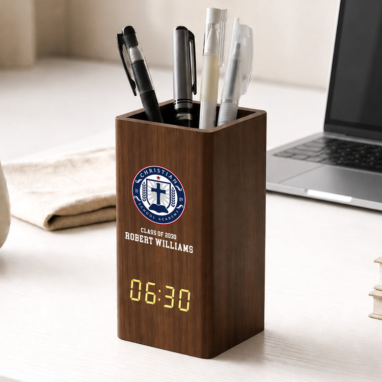 Custom_School_Logo_Personalized_Pen_Holder_With_Clock_1