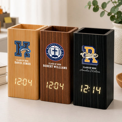 Custom School Logo - Personalized Pen Holder With Clock