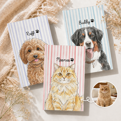 Custom Striped Watercolor Pet Portrait Notebook - Personalized Journal