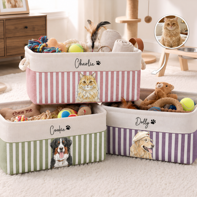 Custom Striped Watercolor Pet Portrait Toy Basket - Personalized Storage Basket