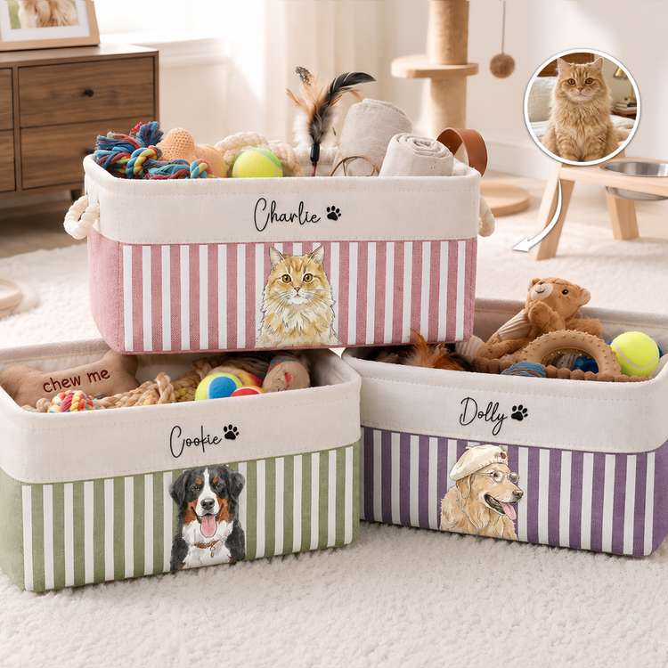 Custom-Striped-Watercolor-Pet-Portrait-Toy-Basket-Personalized-Storage-Basket-1