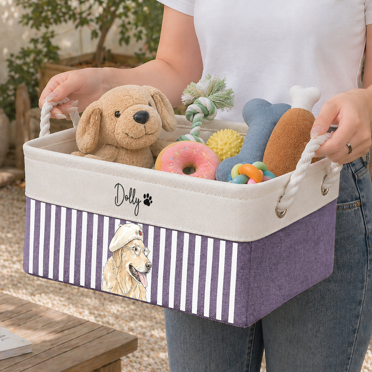 Custom-Striped-Watercolor-Pet-Portrait-Toy-Basket-Personalized-Storage-Basket-3