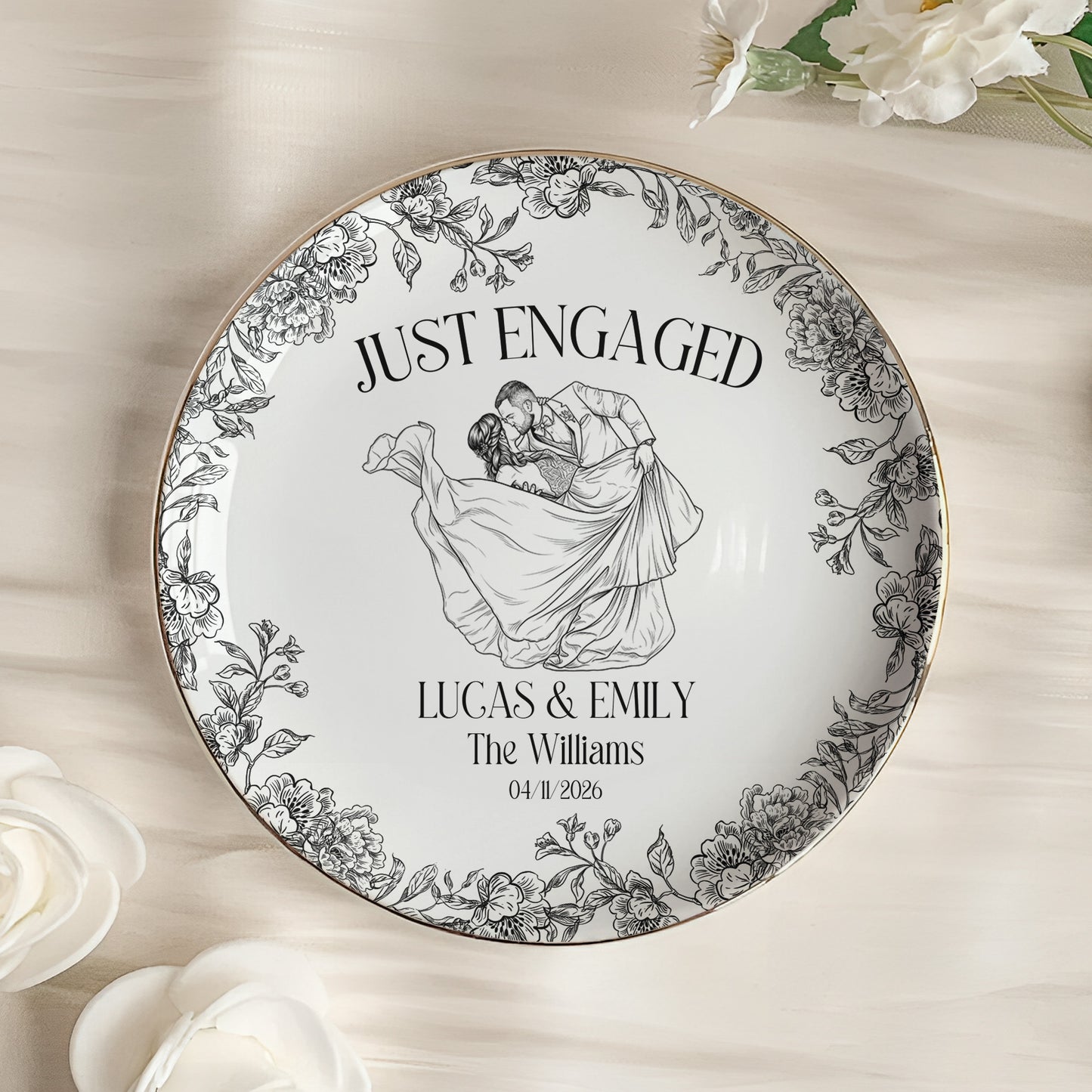 Custom-Toile-De-Jouy-Wedding-Photo-Moments-Gifts-For-Bride,-Her-Personalized-Jewelry-Dish-3
