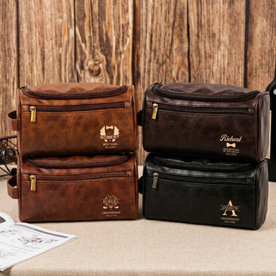 Custom Vintage Initial Name & Date For Best Man, Groomsman, Groomsmen, Groom Wedding Gifts - Personalized Leather Toiletry Bag