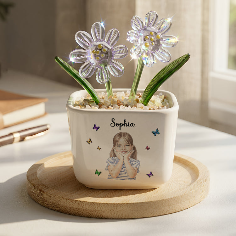 Custom-Watercolor-Photo-For-Grandkids,-Daughter-&-Glass-Birth-Flower--Personalized-Plant-Pot-3
