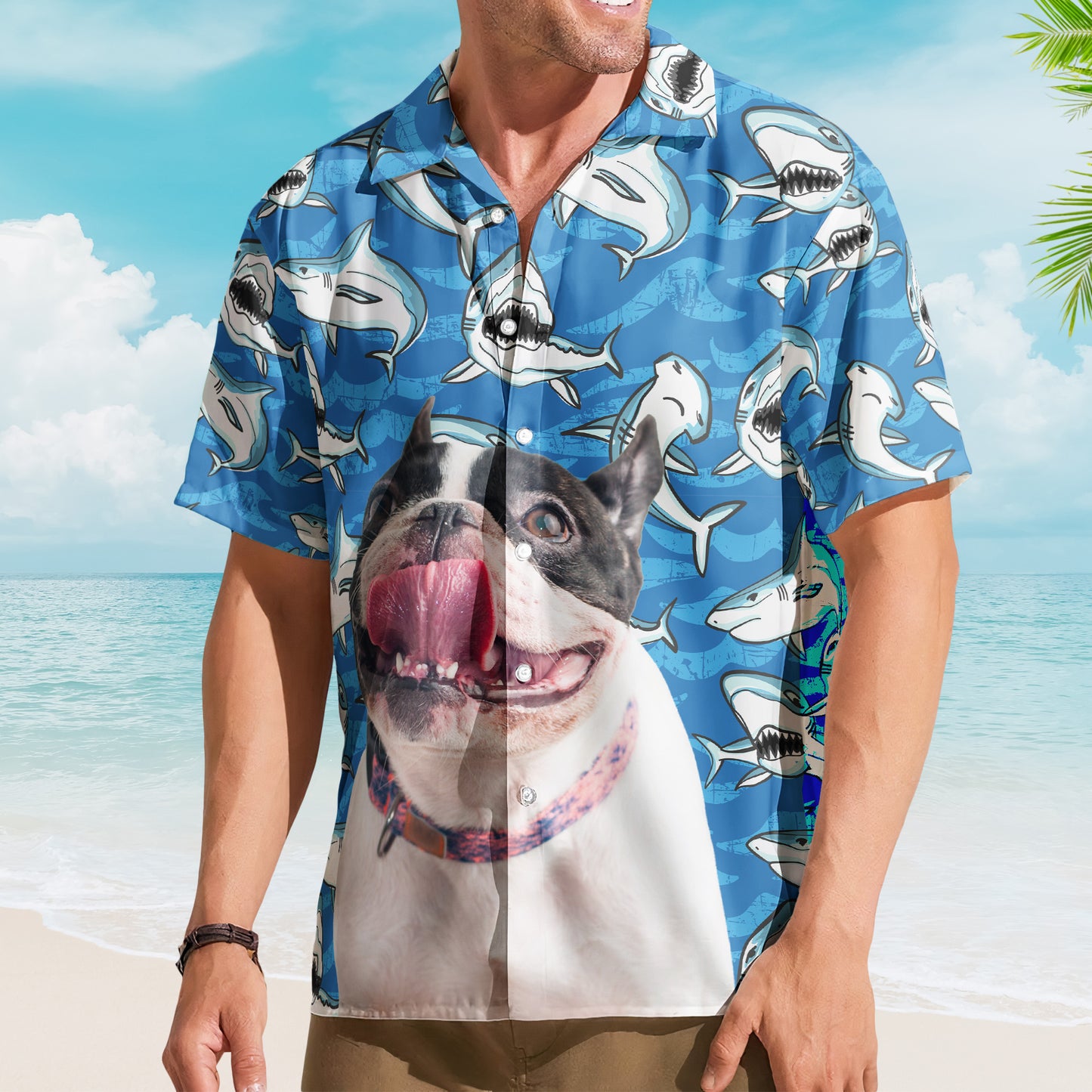 Customize Big Funny Photo With Sharks Pattern - Custom Photo Hawaiian Shirts