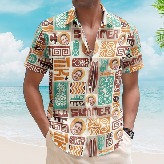 Customize Face With Exotic Tiki Pattern - Custom Photo Hawaiian Shirts
