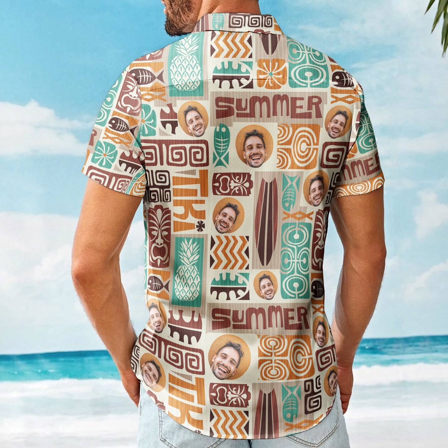 Customize Face With Exotic Tiki Pattern - Custom Photo Hawaiian Shirts