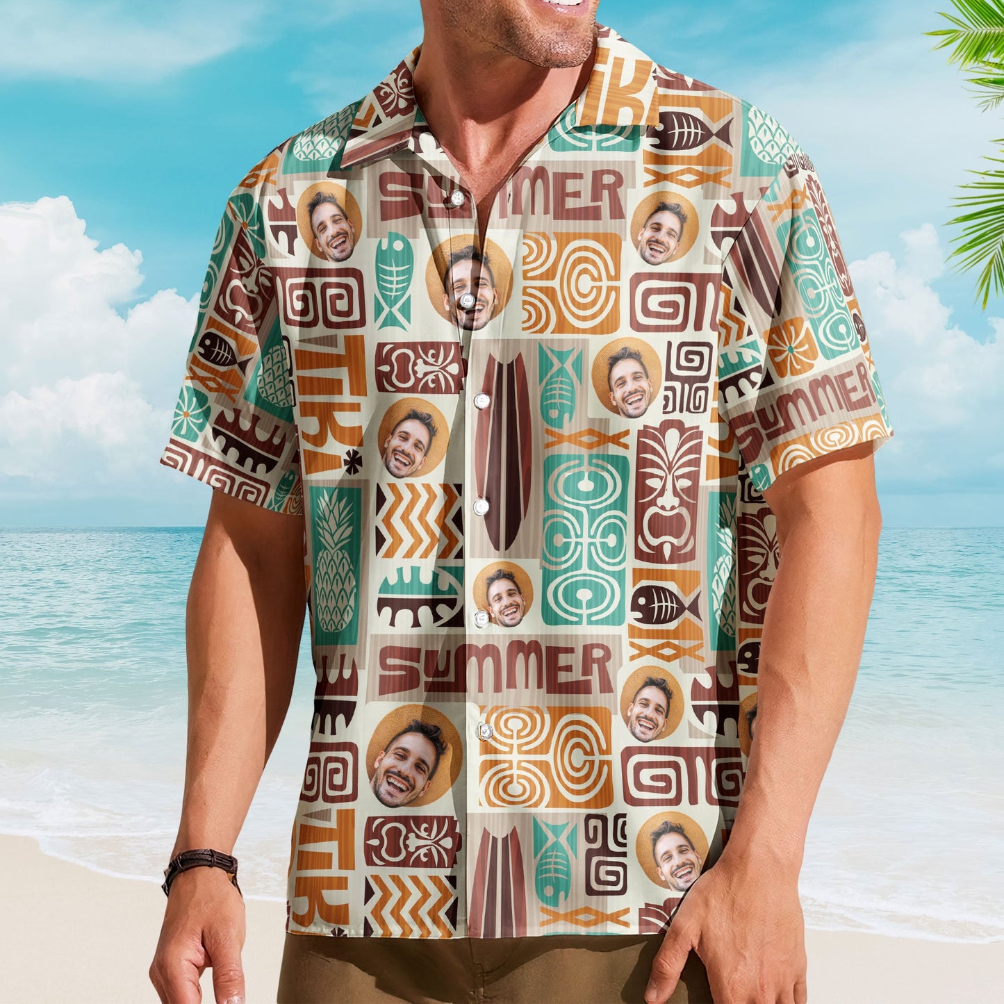 Customize Face With Exotic Tiki Pattern - Custom Photo Hawaiian Shirts