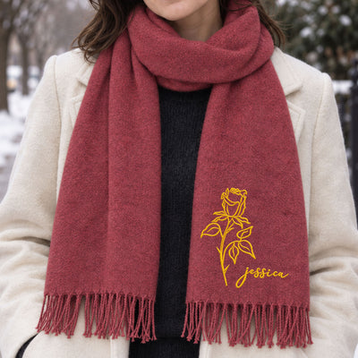 Customize Birth Flower & Name For Her, Daughter, Sister, Friends, Mom, Grandma - Personalized Embroidered Scarf