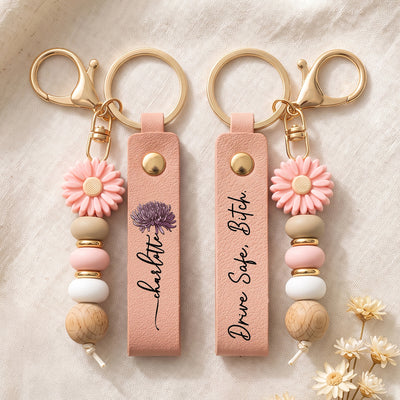 Customize Message For Besties With Birth Flower - Personalized Beaded Keychain