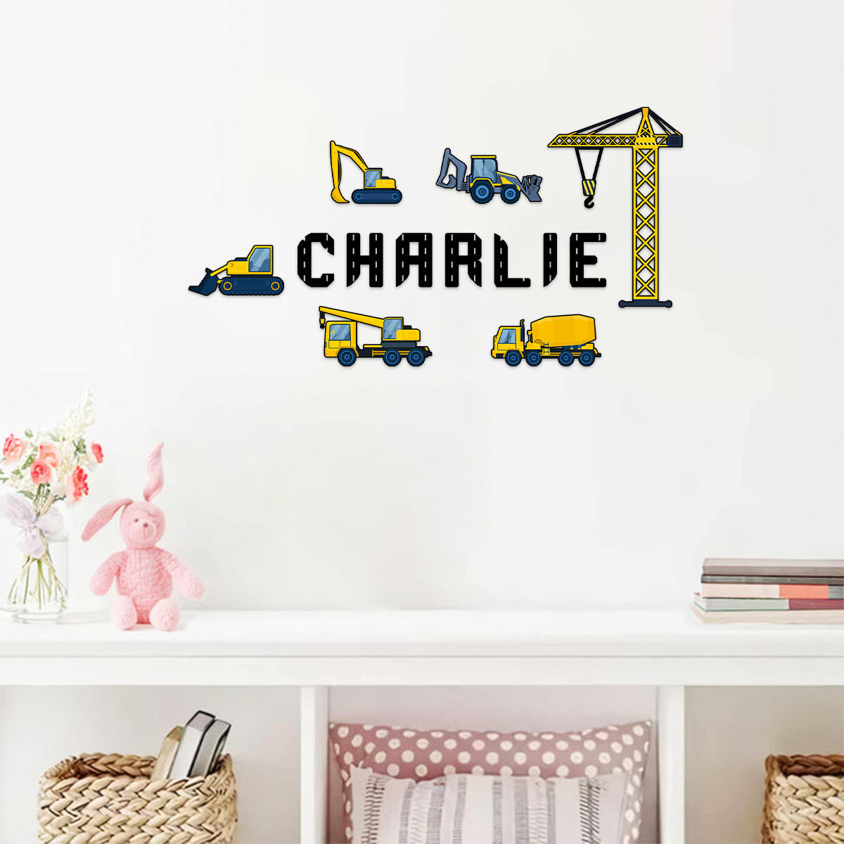 Customizing Kid Name With Construction Trucks Wall Decals - Personalized Decal