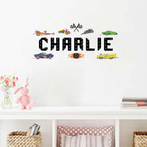 Customizing Name Hot Racing Car And Fire Wheel Wall Decals - Personalized Decal
