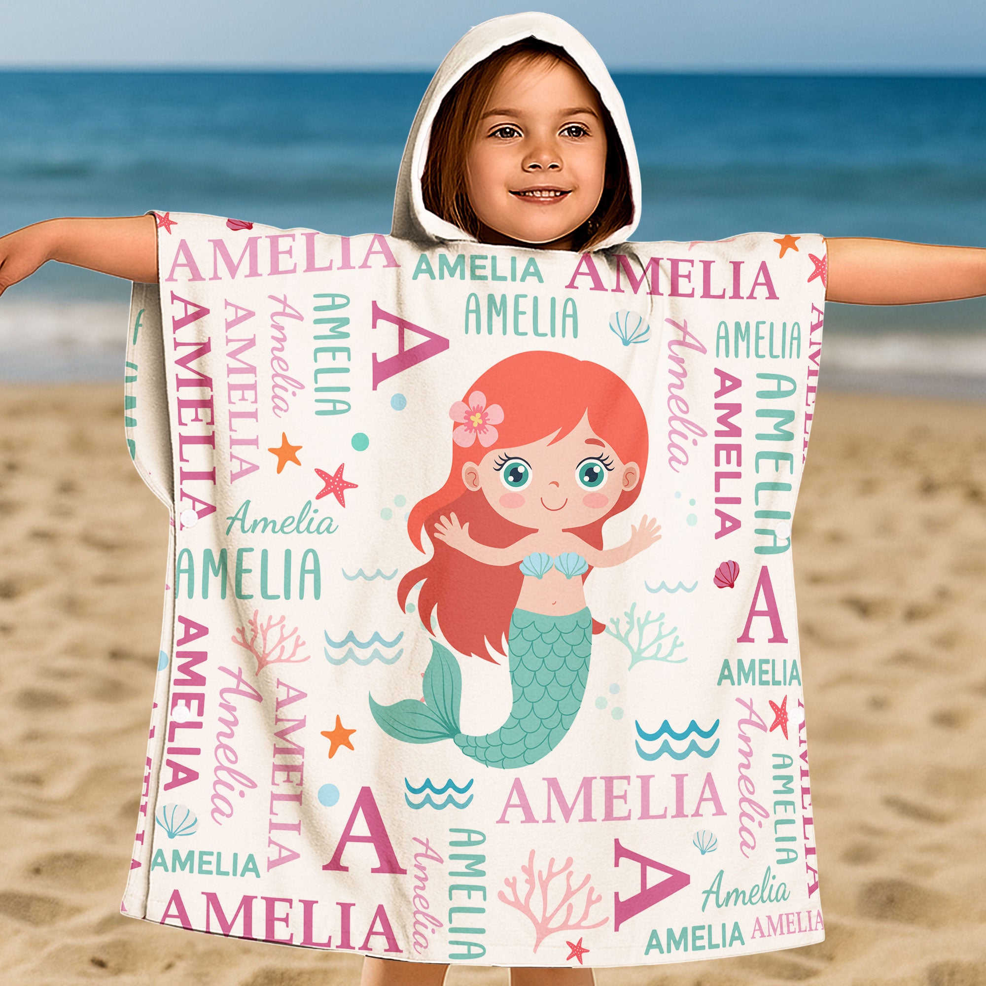 Cute And Beachy Custom Name - Personalized Kids Hooded Towel