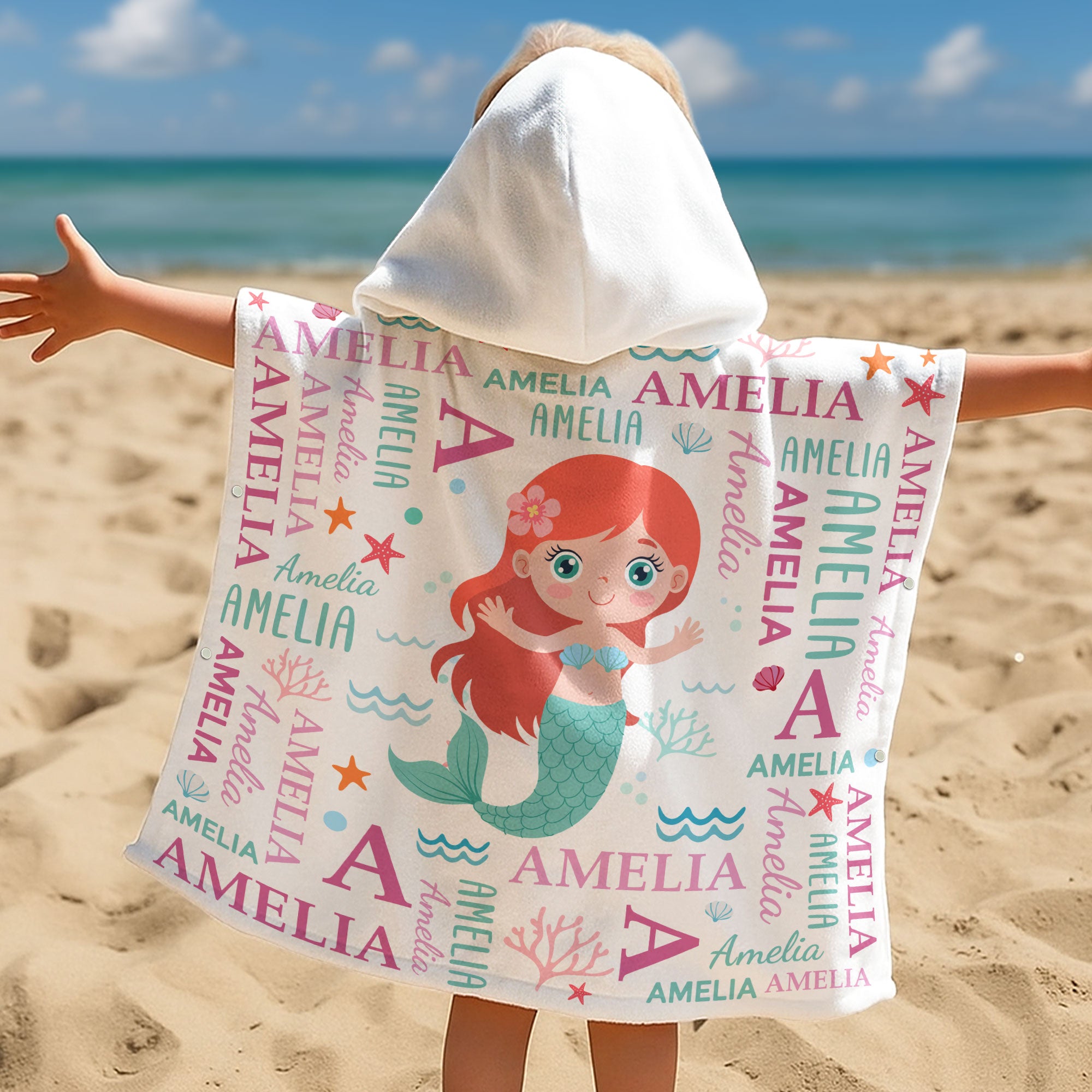 Cute And Beachy Custom Name - Personalized Kids Hooded Towel