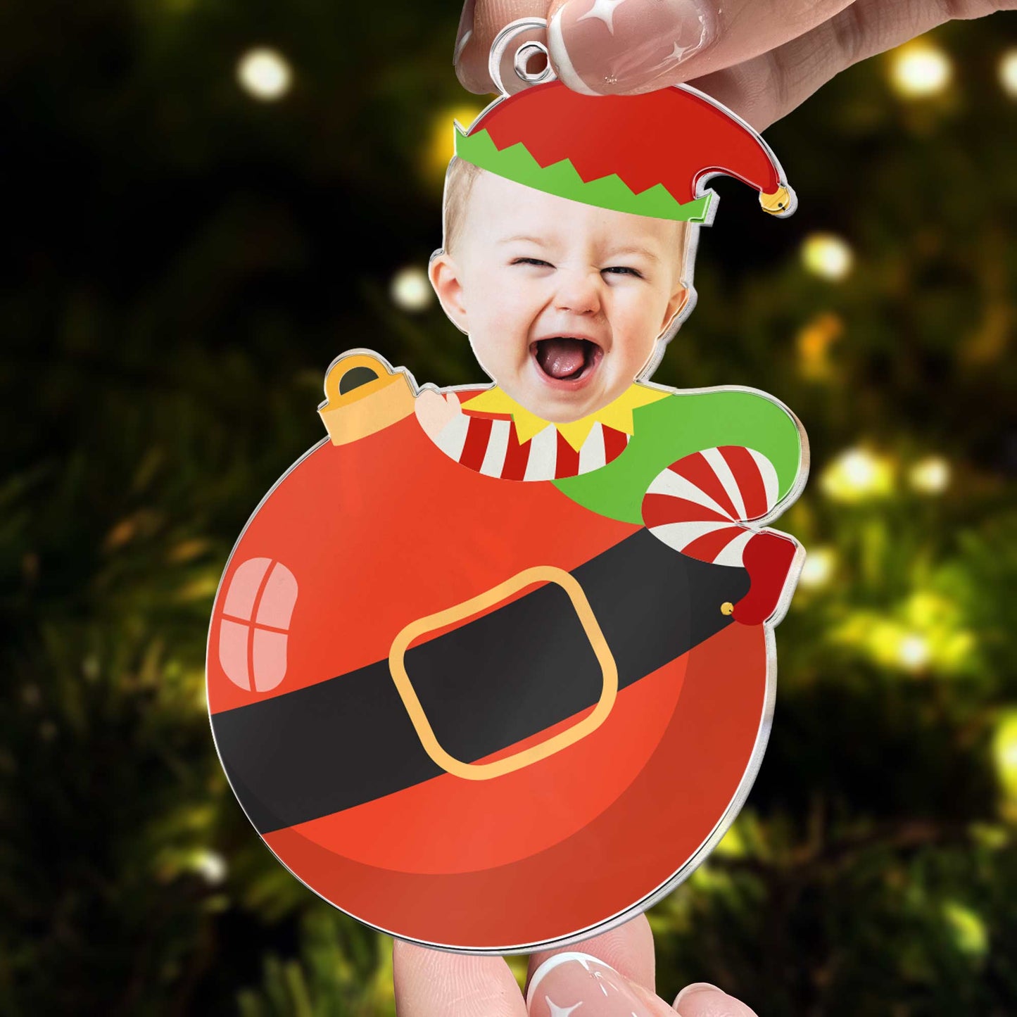 Cute Baby Elf Christmas - Personalized Babys Photo First Christmas Ornament