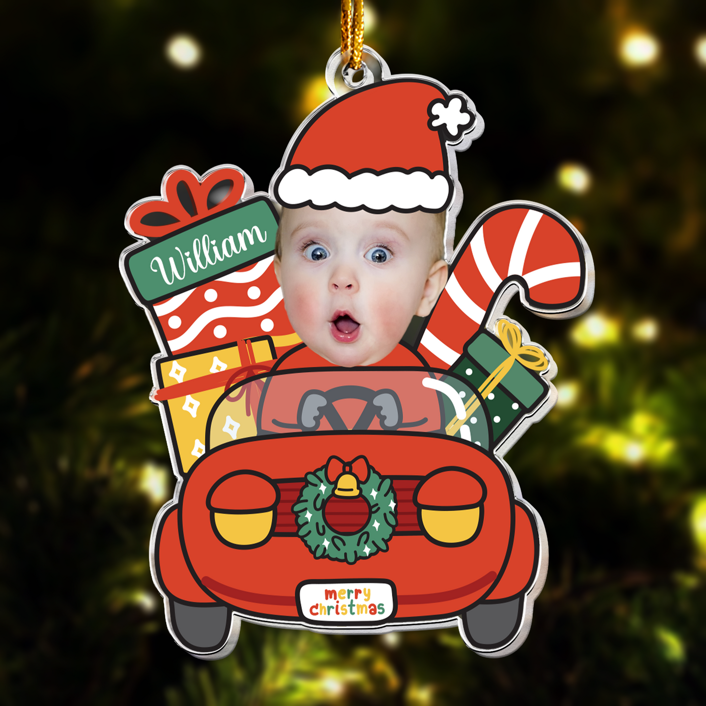 Cute Baby Santa Claus Drive Christmas Car - Personalized Acrylic Photo Ornament