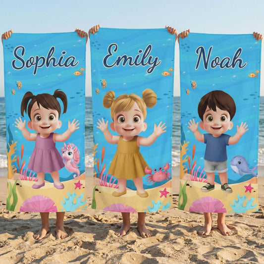 Cute Cartoon Kid With Sea Animal - Personalized Quick-Dry Beach Towel