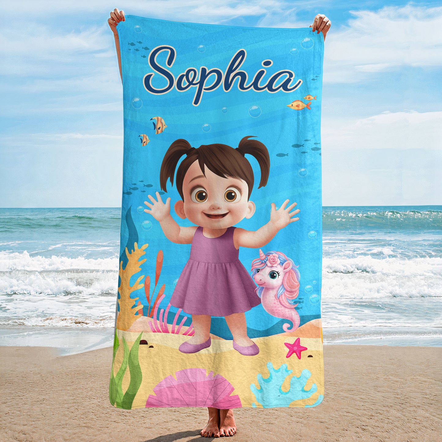 Cute Cartoon Kid With Sea Animal - Personalized Quick-Dry Beach Towel