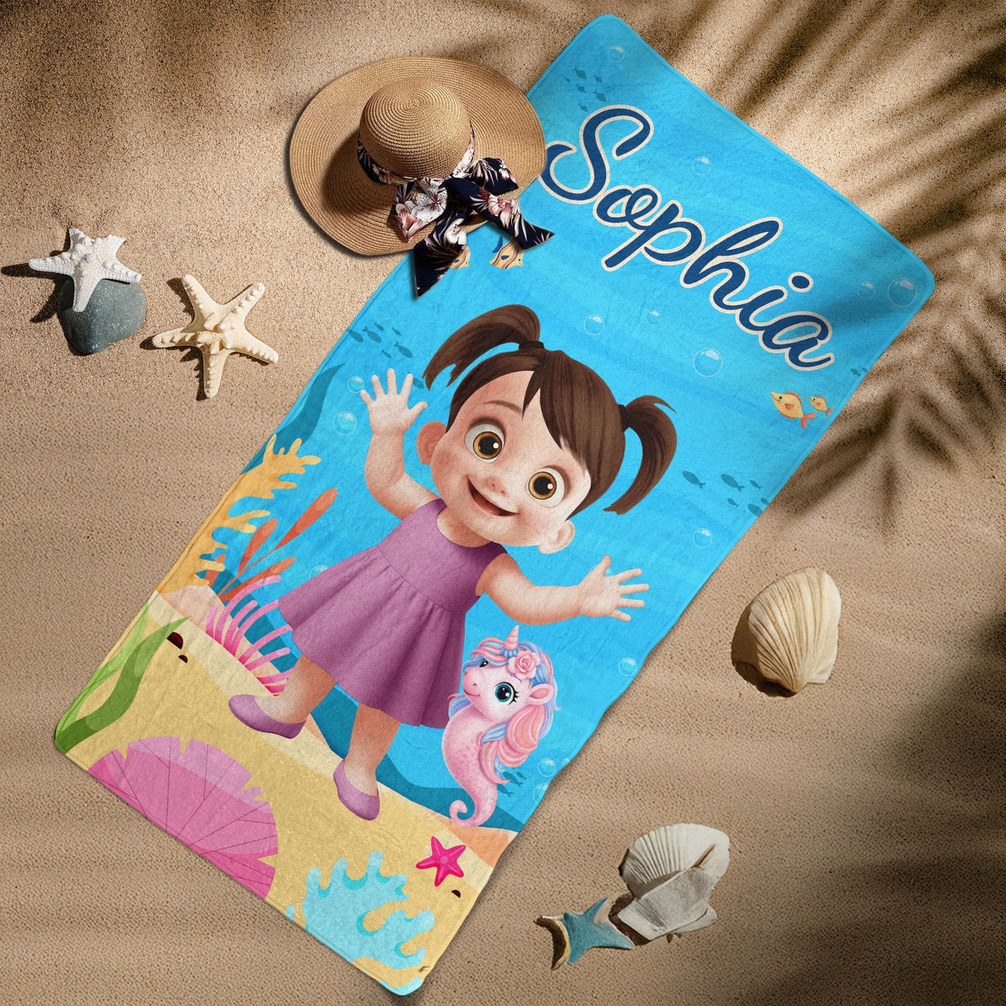 Cute Cartoon Kid With Sea Animal - Personalized Quick-Dry Beach Towel