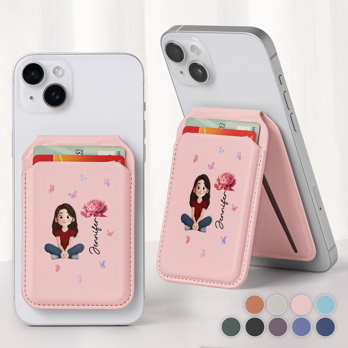 Cute Cartoon With Birth Flower - Personalized Wallet Compatible with Magsafe