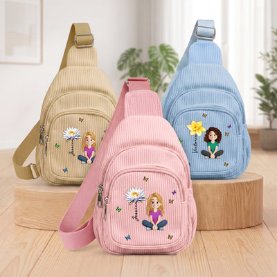 Cute Cartoon With Birth Month Flower - Personalized Sling Bag
