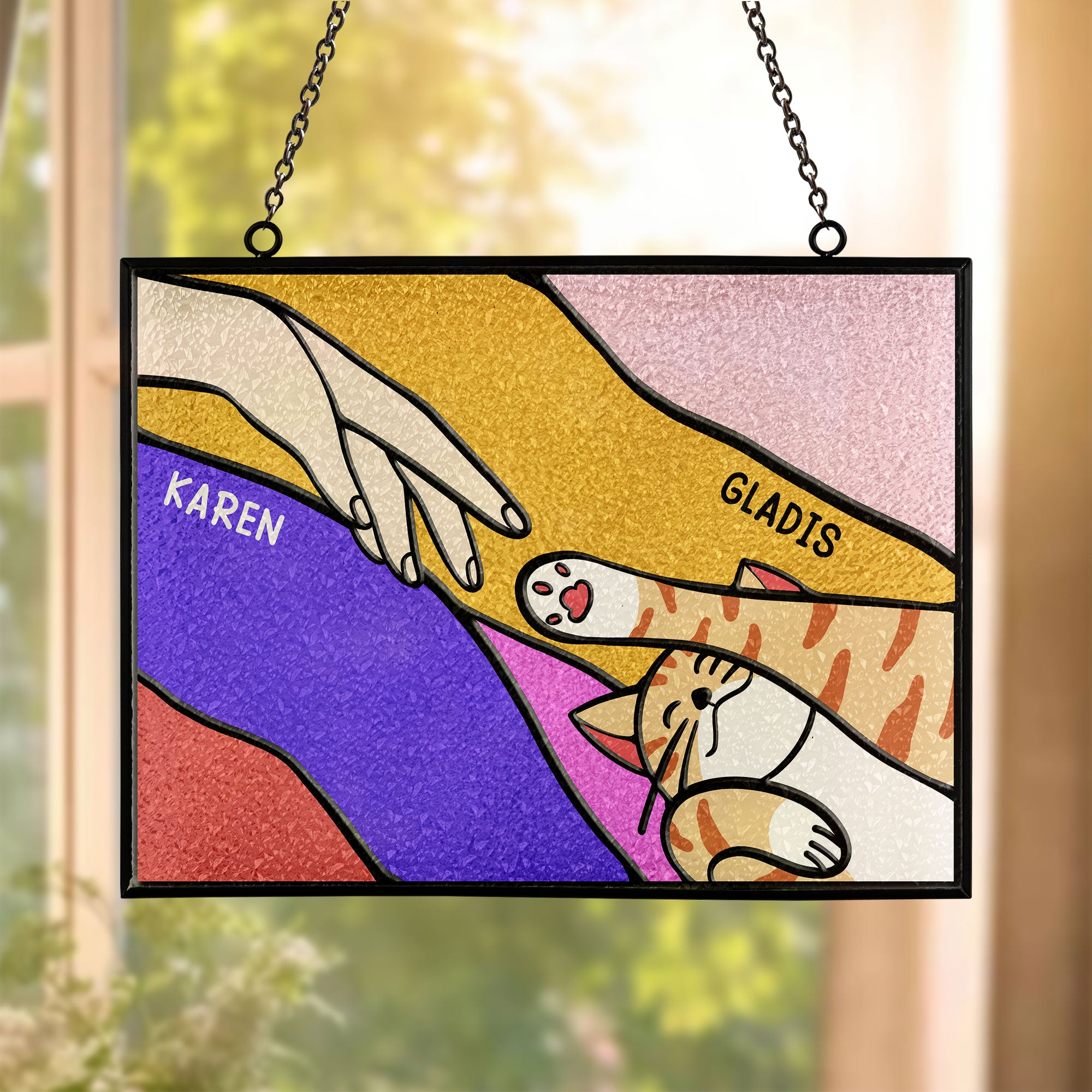 Cute Cat Reaching For Hand - Personalized Stained Glass Suncatcher