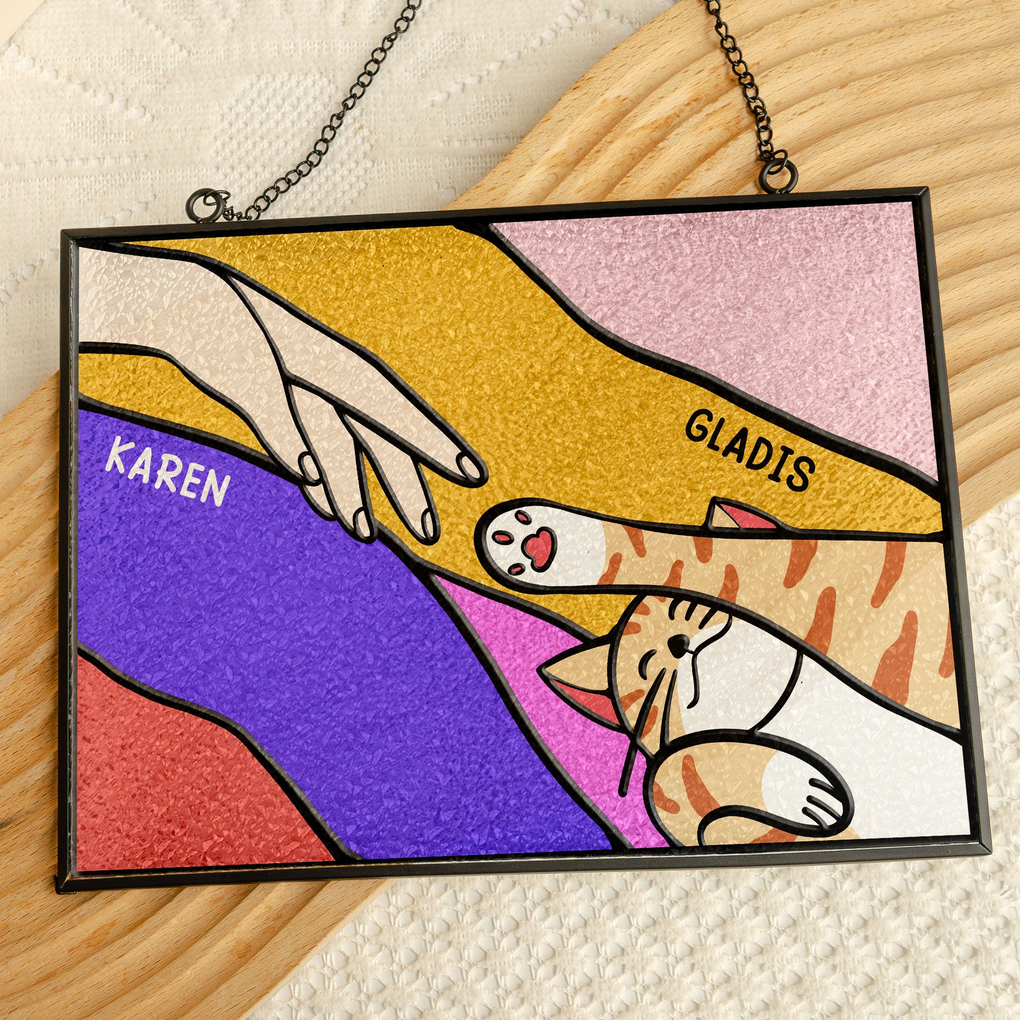 Cute Cat Reaching For Hand - Personalized Stained Glass Suncatcher