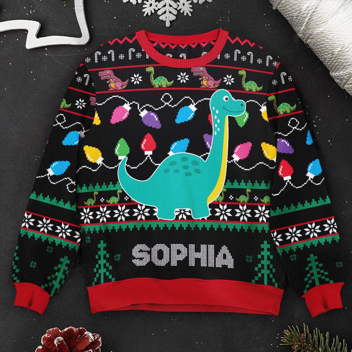 Cute Dinosaur With Name - Personalized Ugly Sweater
