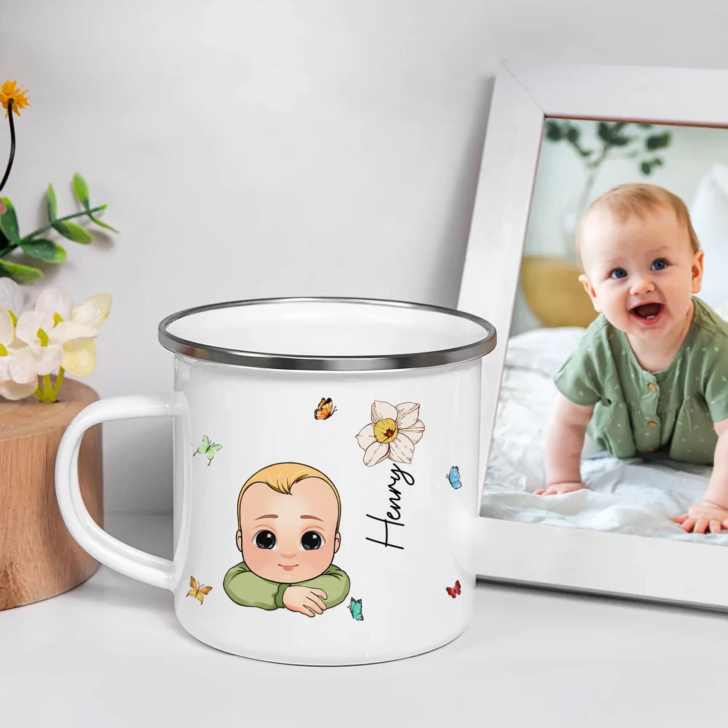 Cute Kid Birth Flower - Personalized Enamel Mug