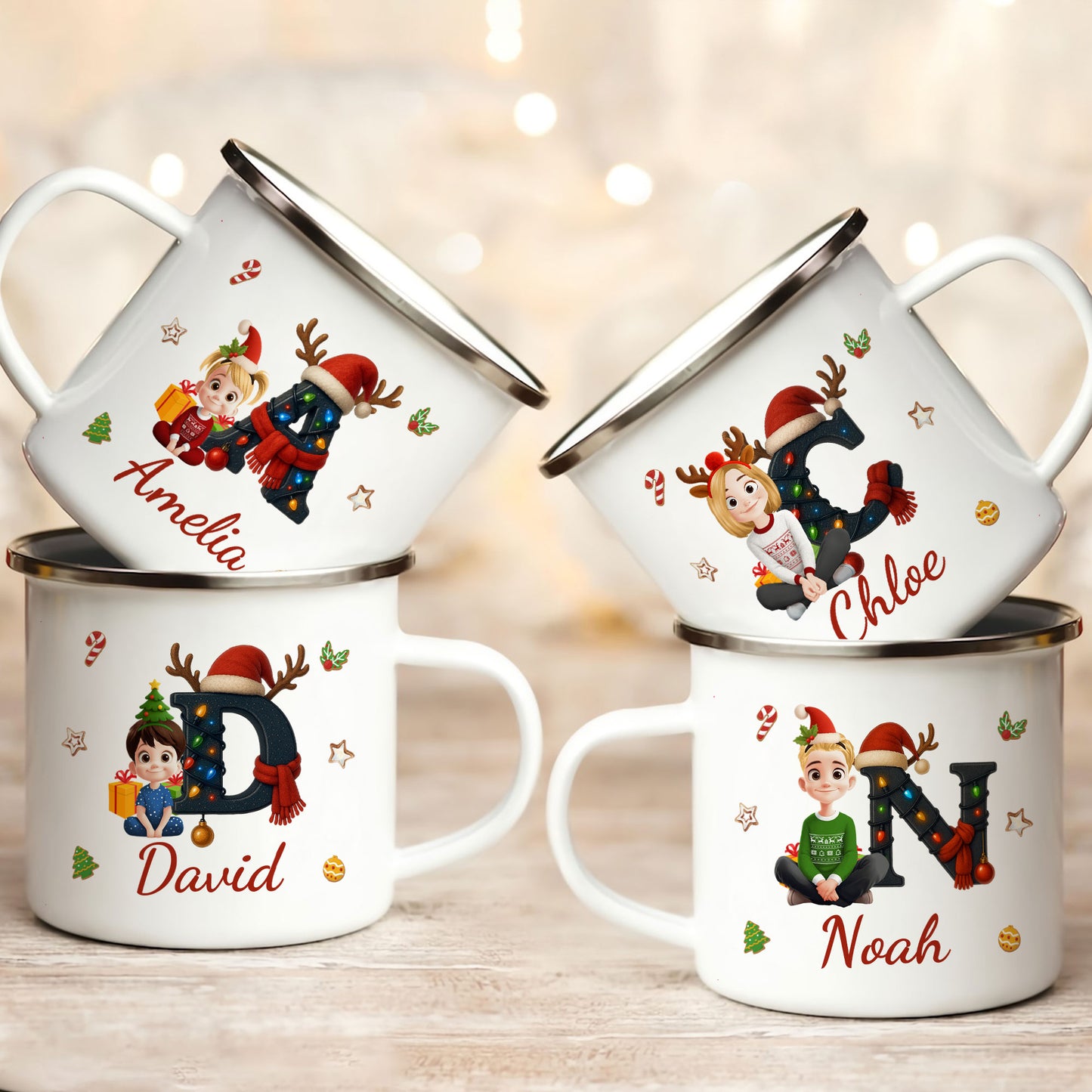 Cute Kid Name Christmas Alphabet - Personalized Enamel Mug