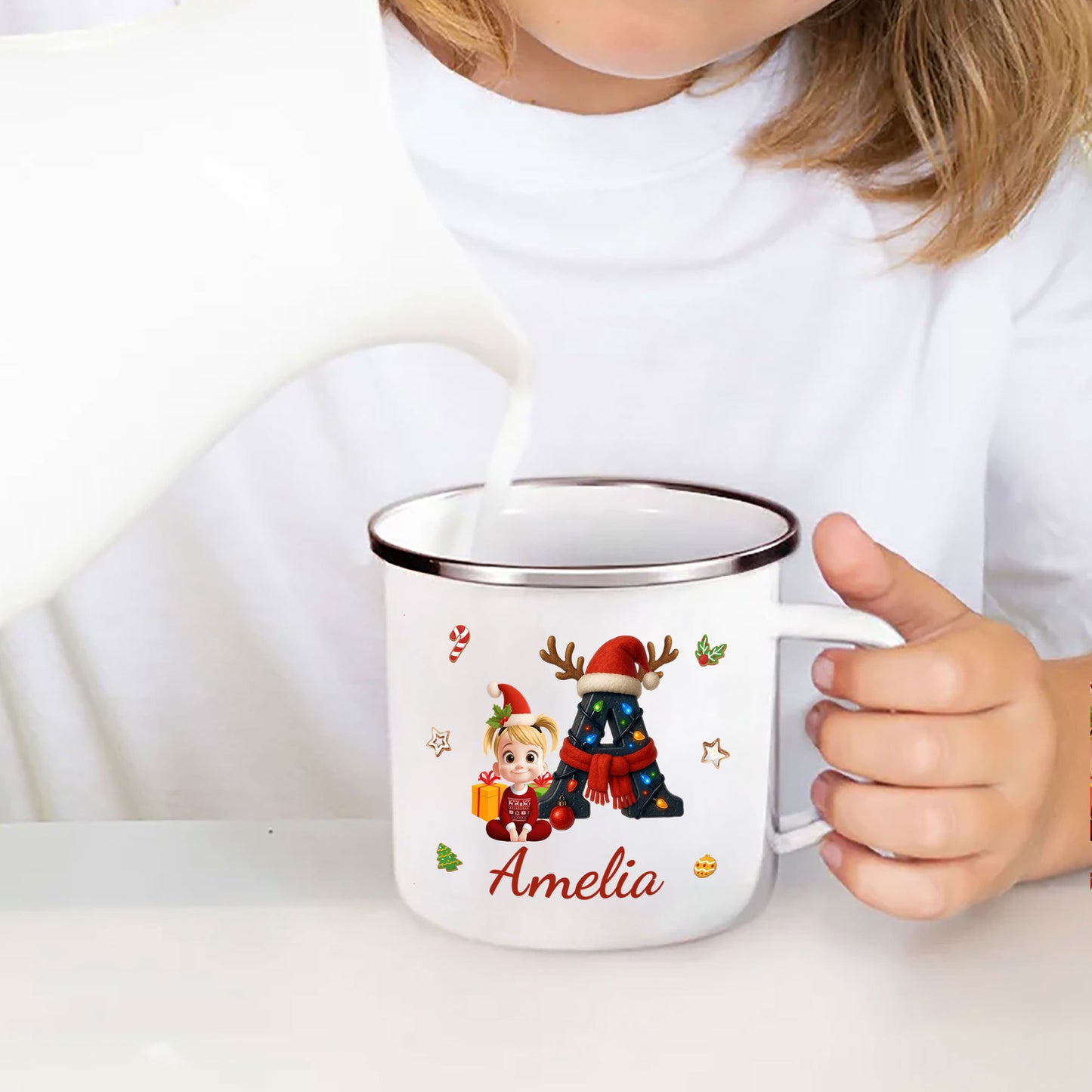 Cute Kid Name Christmas Alphabet - Personalized Enamel Mug