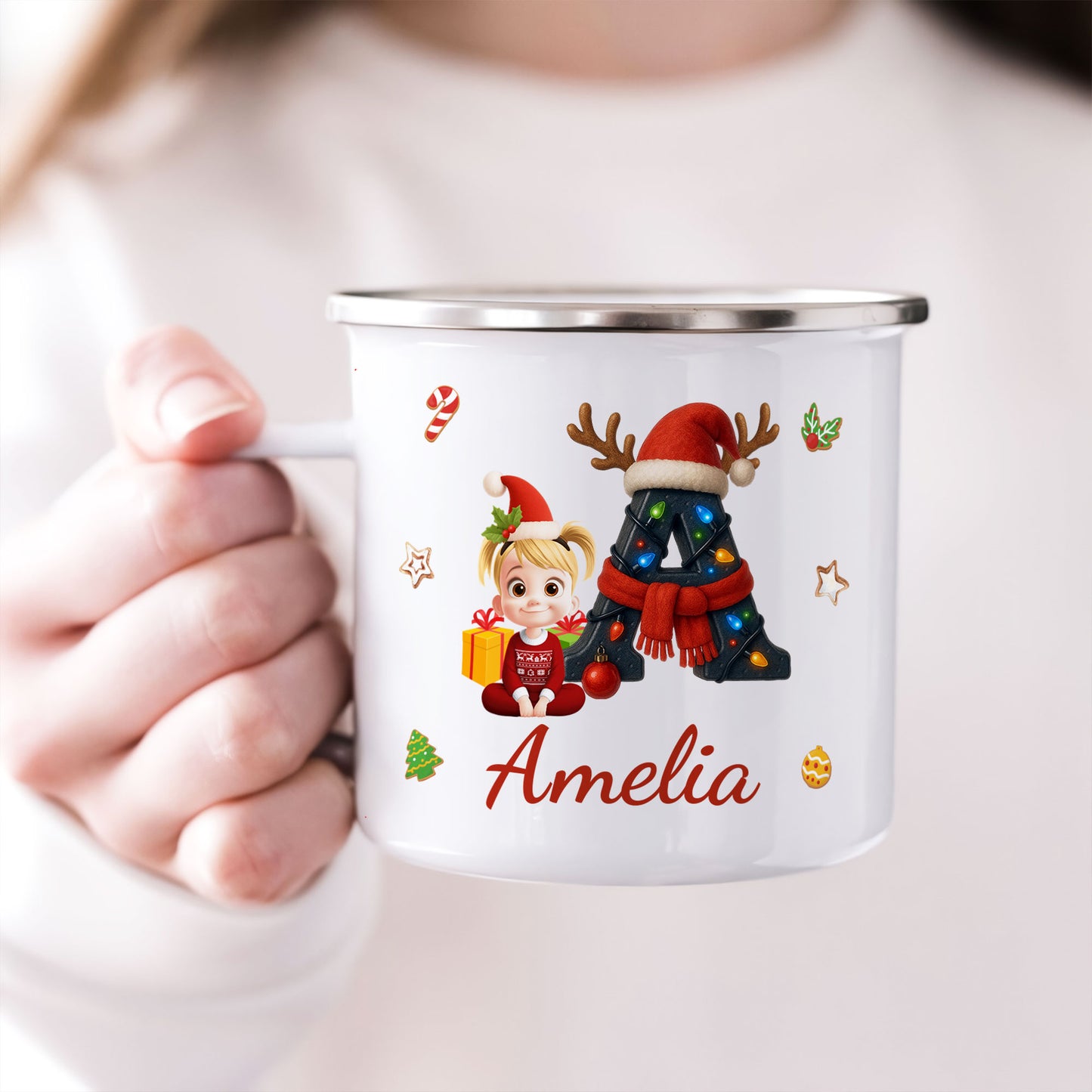 Cute Kid Name Christmas Alphabet - Personalized Enamel Mug