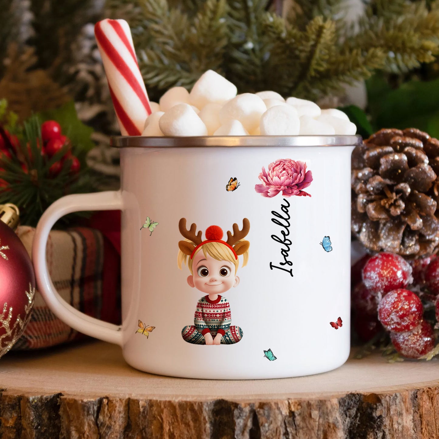 Cute Kid & Birth Flower - Personalized Enamel Mug