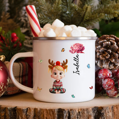 Cute Kid & Birth Flower - Personalized Enamel Mug