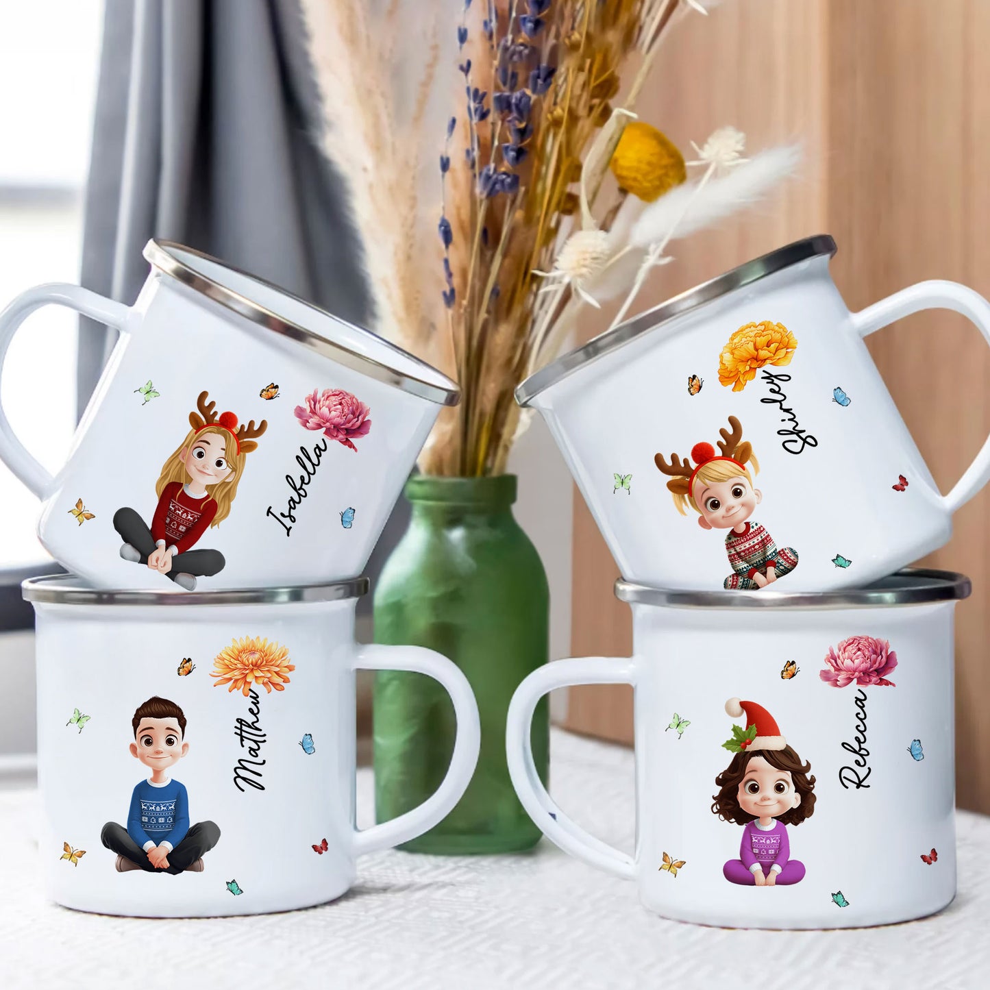 Cute Kid & Birth Flower - Personalized Enamel Mug