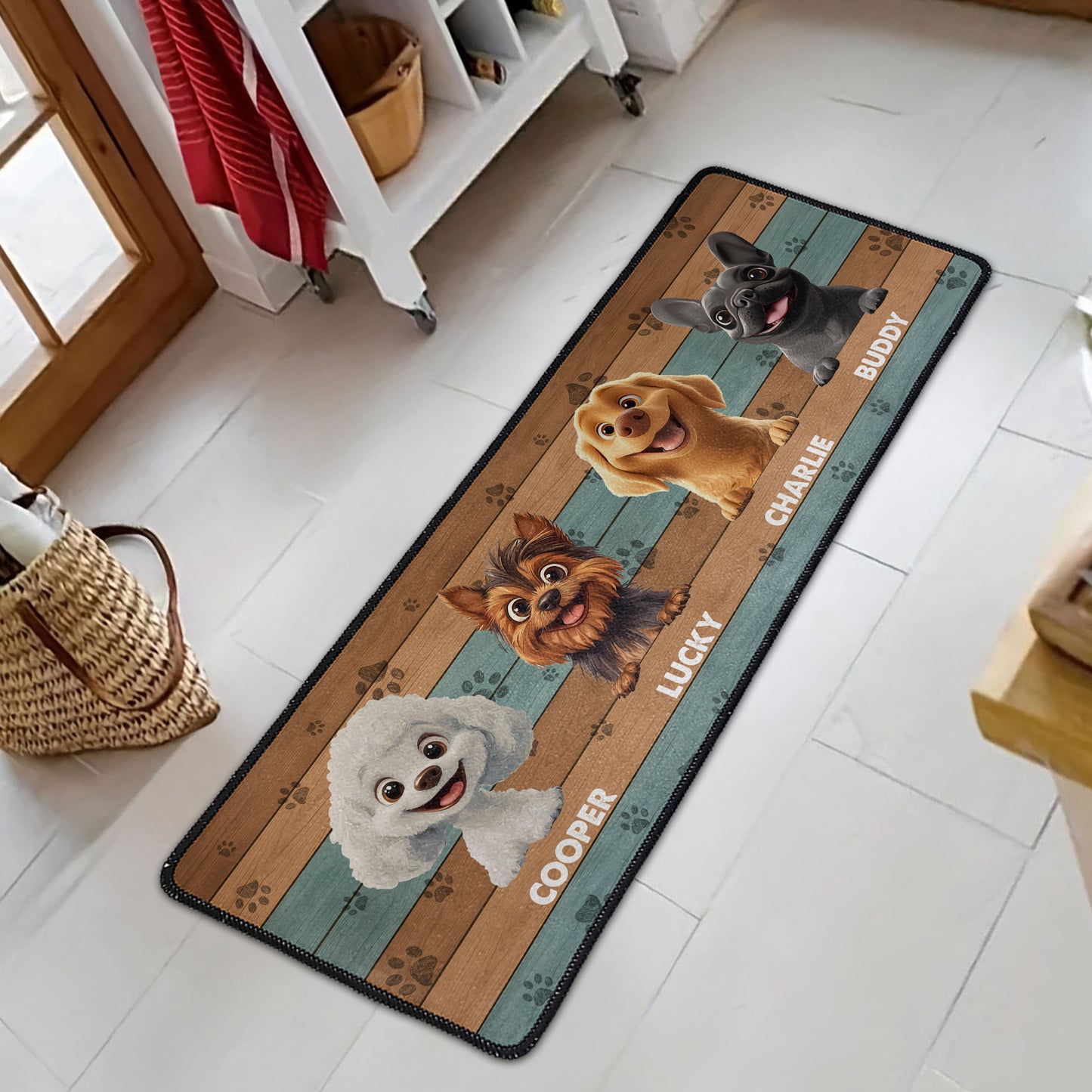 Cute Peeking Dogs Welcome - Personalized Runner Rug