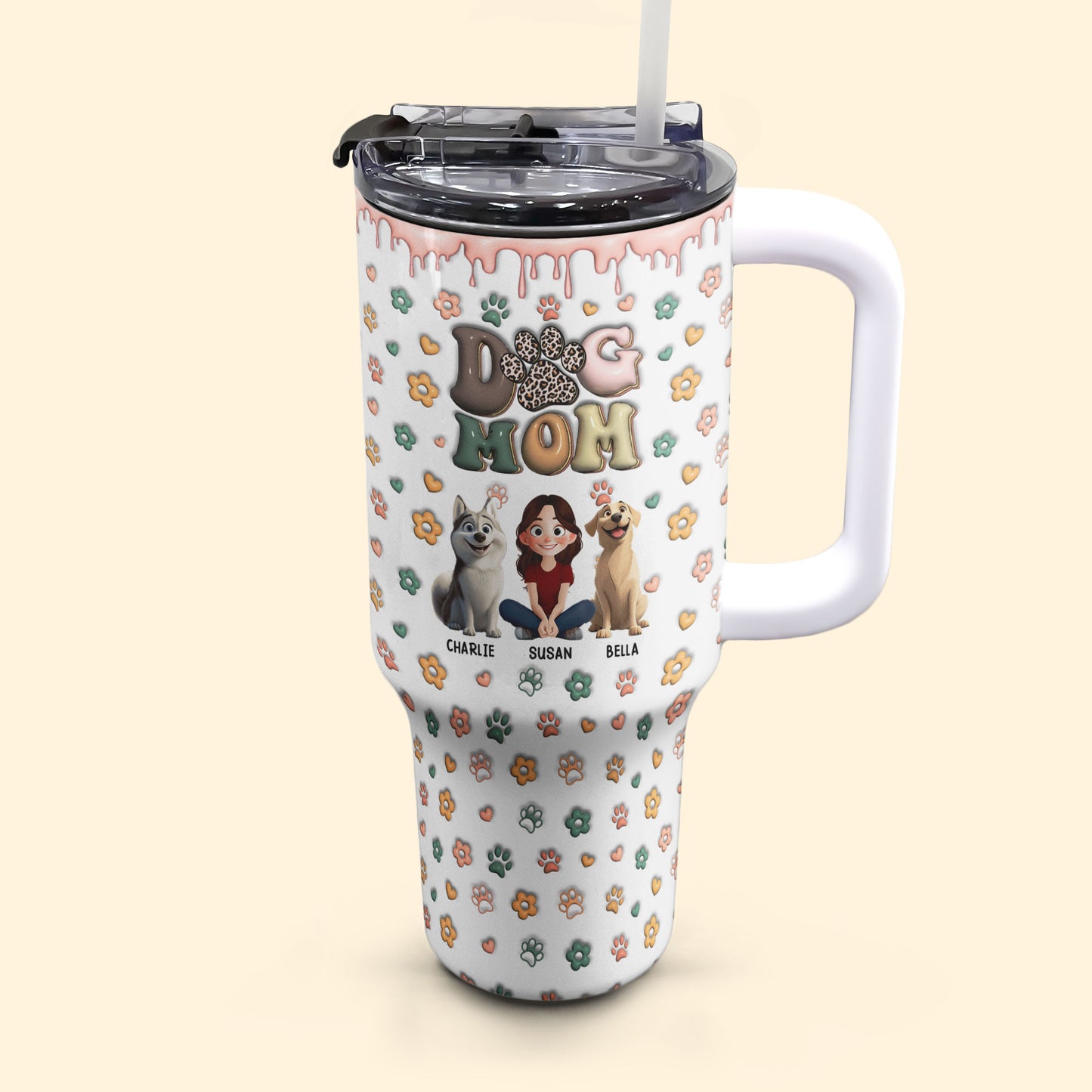 DOG MOM, DOG MAMA 3D Style Pattern - Personalized 40oz Tumbler With Straw